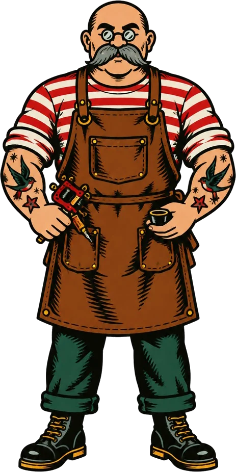 Augie Spratt berdiri memakai celemek kulit, memegang mesin tato merah dan botol tinta kecil.