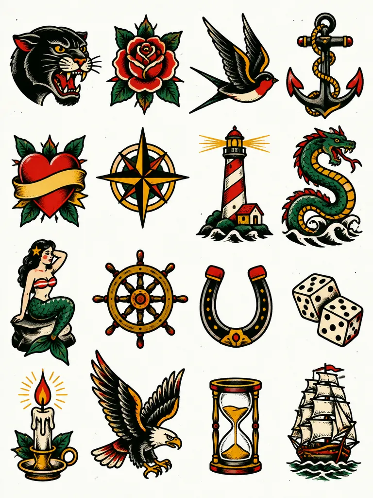 Lembar flash berisi enam belas desain tato pelaut: kepala panther, mawar, burung layang-layang, jangkar, hati berpita, bintang kompas, mercusuar, ular laut, gadis duyung bergaun renang, kemudi kapal, tapal kuda, dadu, lilin, elang, jam pasir, dan kapal layar.